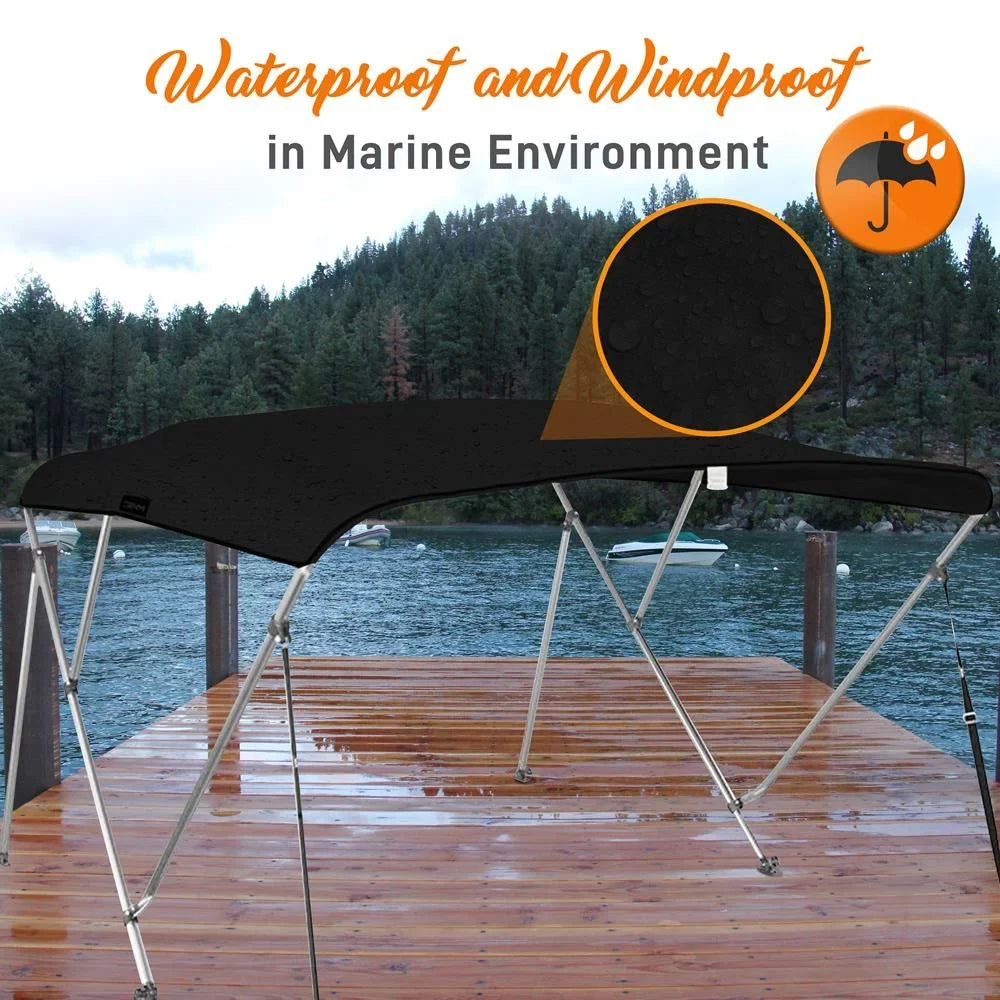 SereneLife 3 Bow 67-72 Inch Bimini Top Boat Cover with Double Walled Frame, Gray
