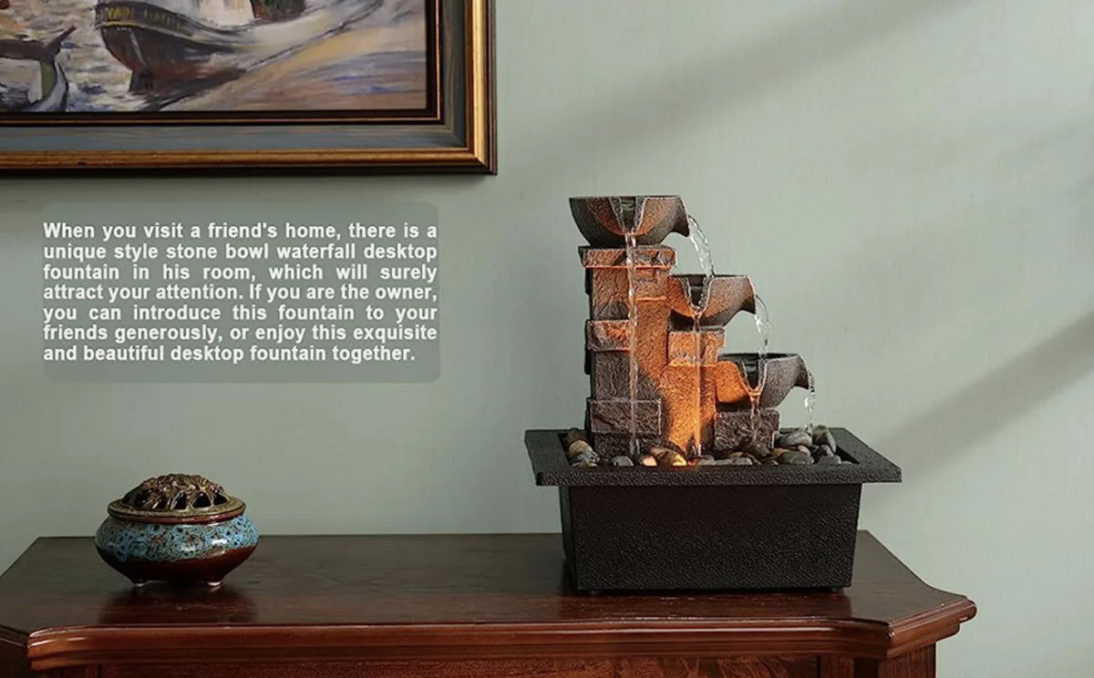Home Décor Imitation 3-Tier Stone Wall Tabletop Fountain Many Natural River Rock Office Relaxing Waterfall Meditation Tabletop Fountain  Lights Fountain(22070)