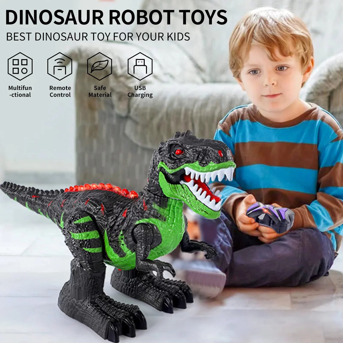 Remote Control Dinosaur Toys for Boys Girls 2.4G  Robot T-rex with Light Sound, Black