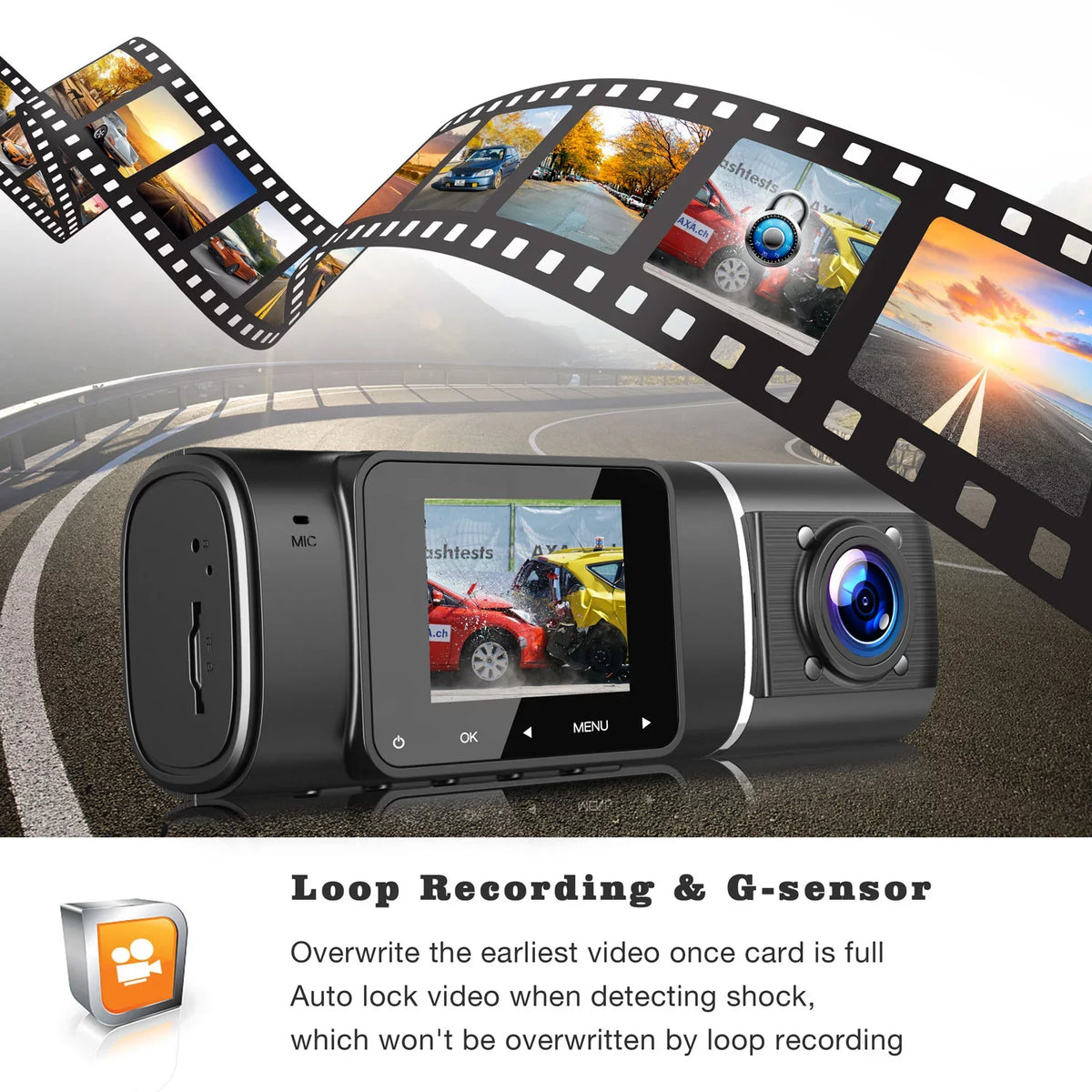 Black Dash Cam  1080P Front and  720P Inside,  Night Vision Car Camera