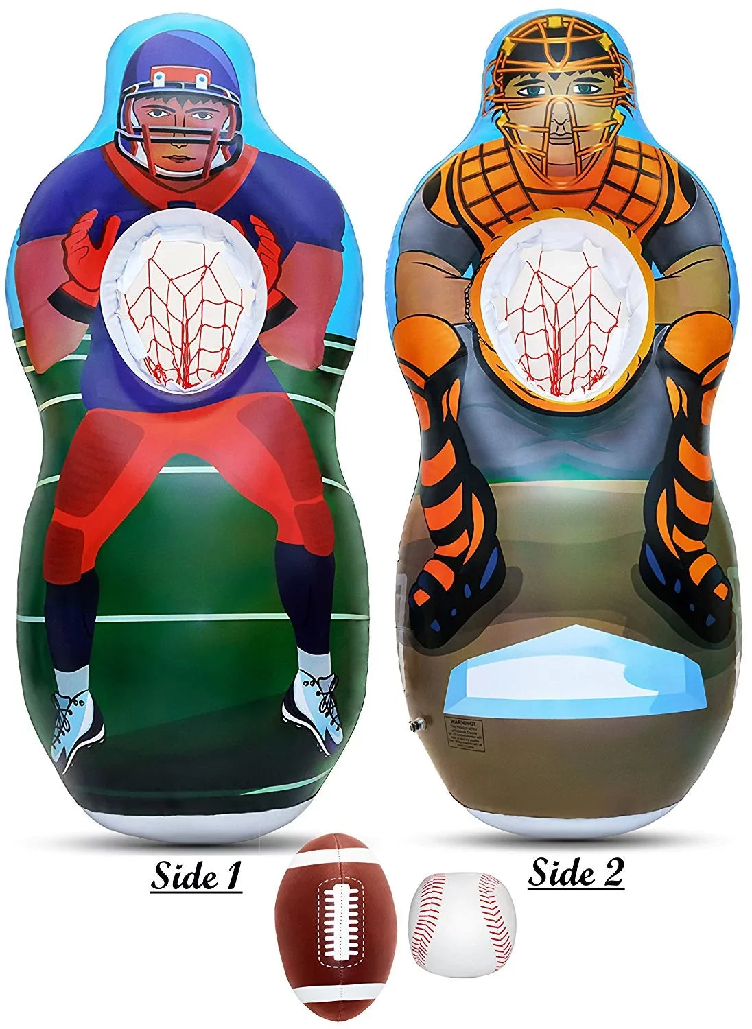 Inflatable Two Sided Football & Baseball Target Set - Includes One Inflatable 5 Foot Tall Target (Football Player on one side and Baseball Catcher on 2nd Side), a Soft Mini Football and Mini Baseball