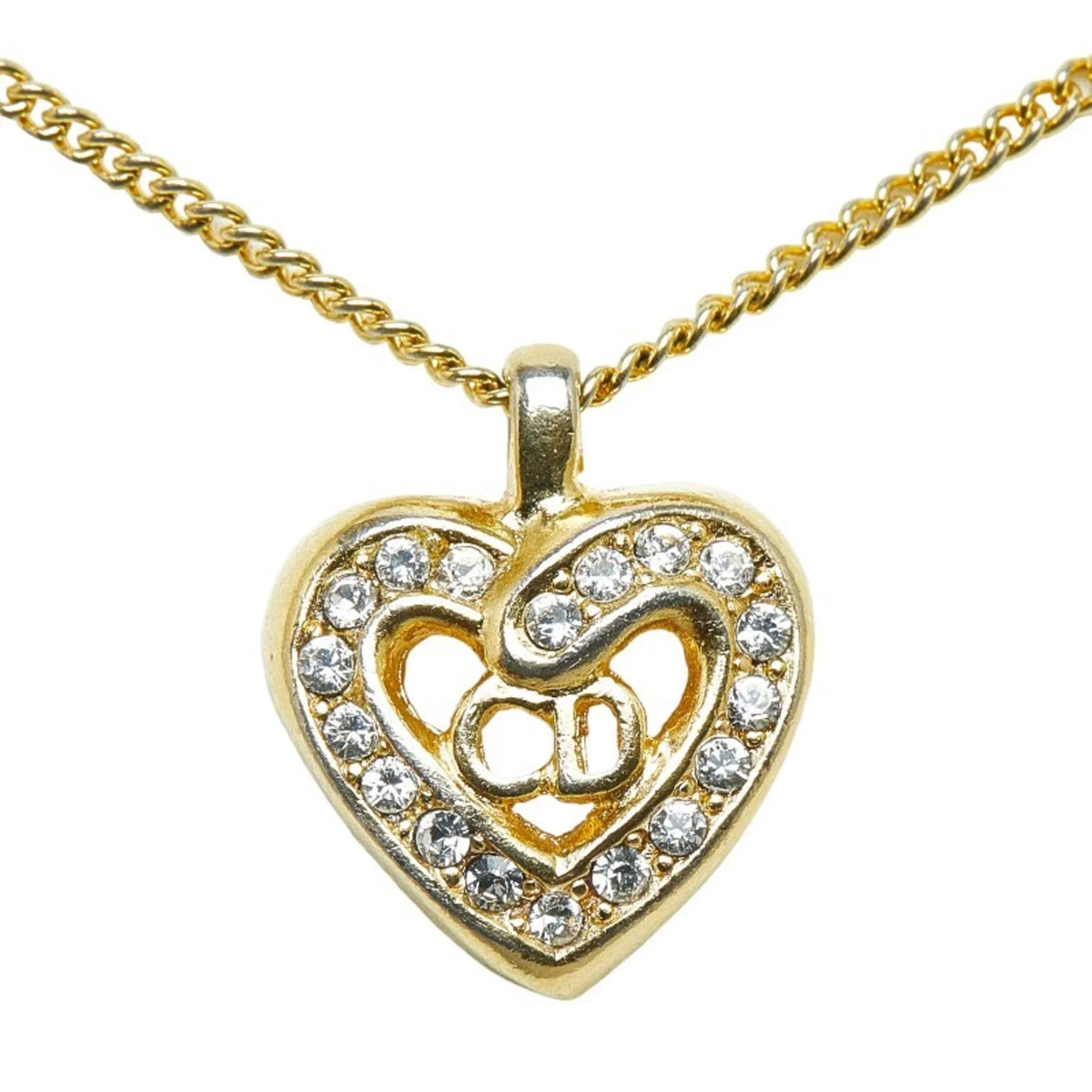 Pre-Owned Christian Dior Dior  Heart Rhinestone Necklace Gold Plated Women's (Good)