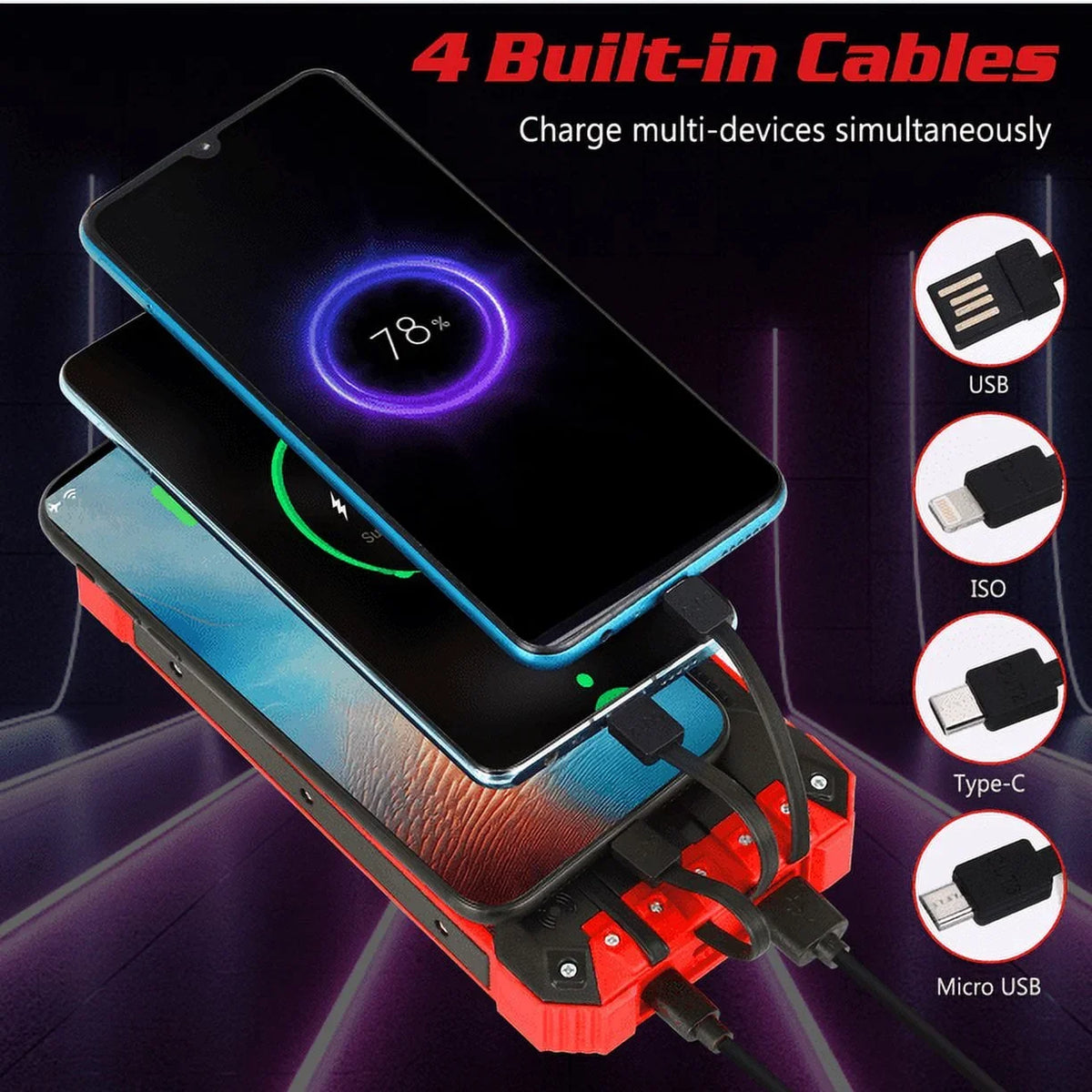 Solar Power Bank 20000mAh Built-in 4 Cables Qi Wireless Charger For Ulefone Armor 9 with  Flashlight Solar Portable External Battery IPX4 Waterproof 15W 5V/3A  C Port 6 Outputs 3 Inputs