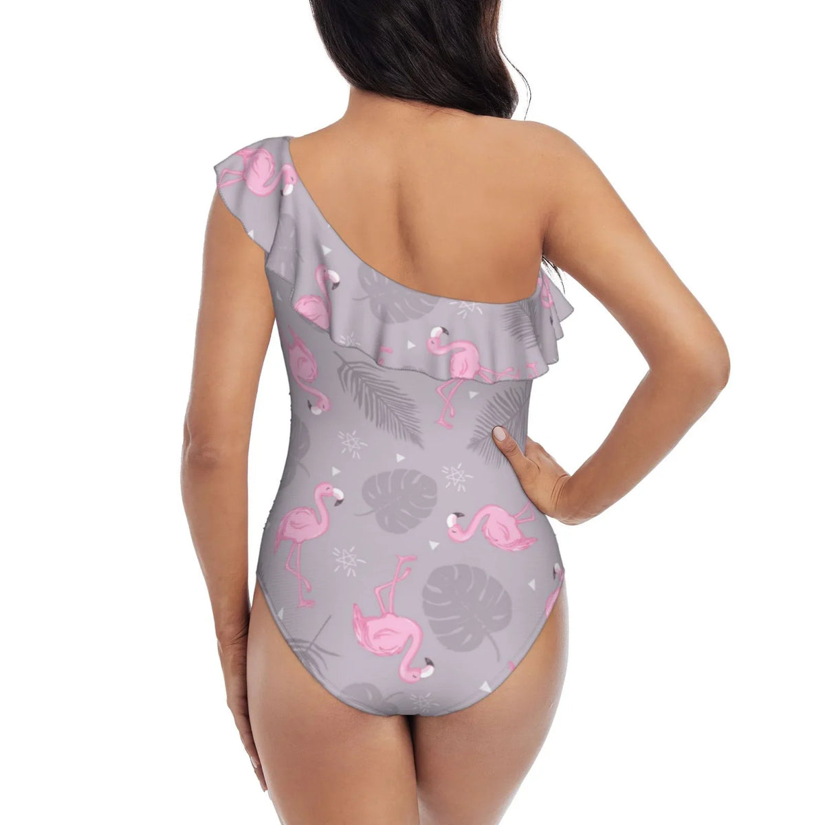Coaee Pink Flamingo Women's One Piece Swimsuits One Shoulder Swimwear Asymmetric Ruffle Monokinis Bathing Suits - Small