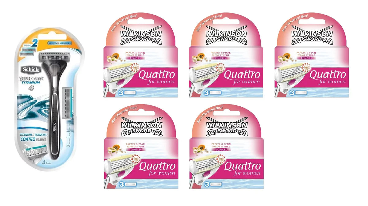 Schick Quattro Titanium 1 Razor with 2 Refill Blades and Wilkinson Quattro for Women Refill Blades, 15 count