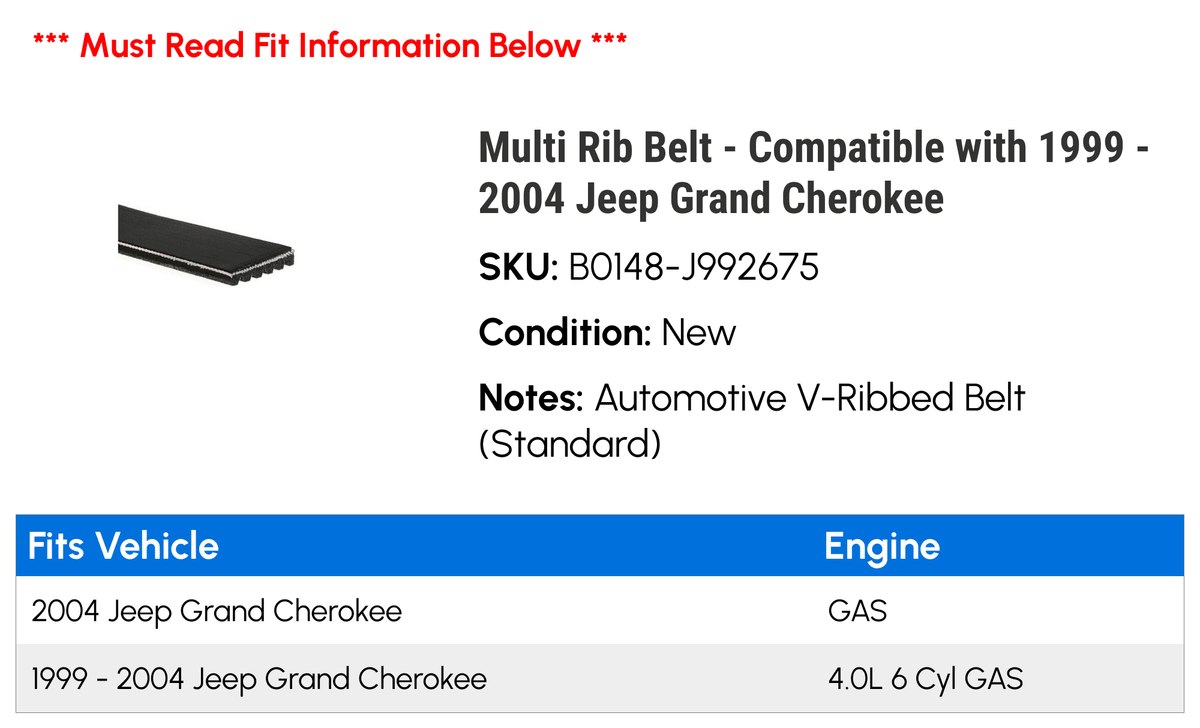 Multi Rib Belt - Compatible with 1999 - 2004 Jeep Grand Cherokee 2000 2001 2002 2003