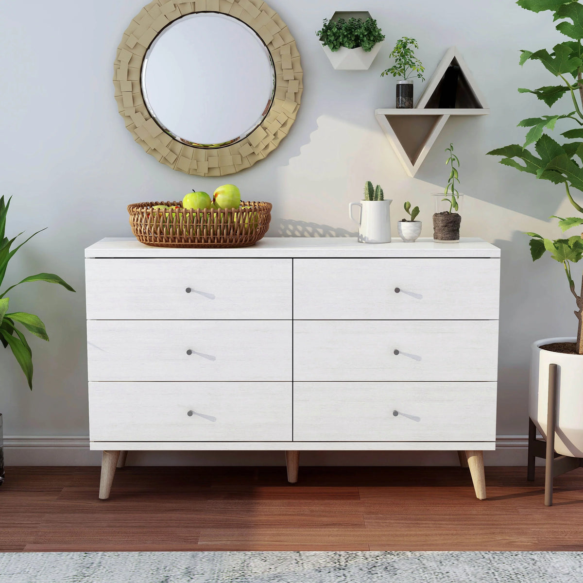 Denhour   Mid-Century Modern White 47-inch Wide 6-Drawer Dresser with Knobs by