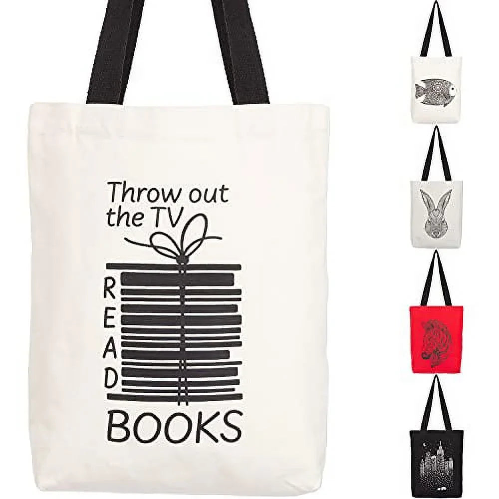 Miller & Max Canvas Tote Bag For Women Men, Reusable Multi-functional 100% Cotton Books Fun Cute Print Durable Design With Inner Pocket, Black Handles 12 oz Canvas Bags - For School, Office, Picnic An