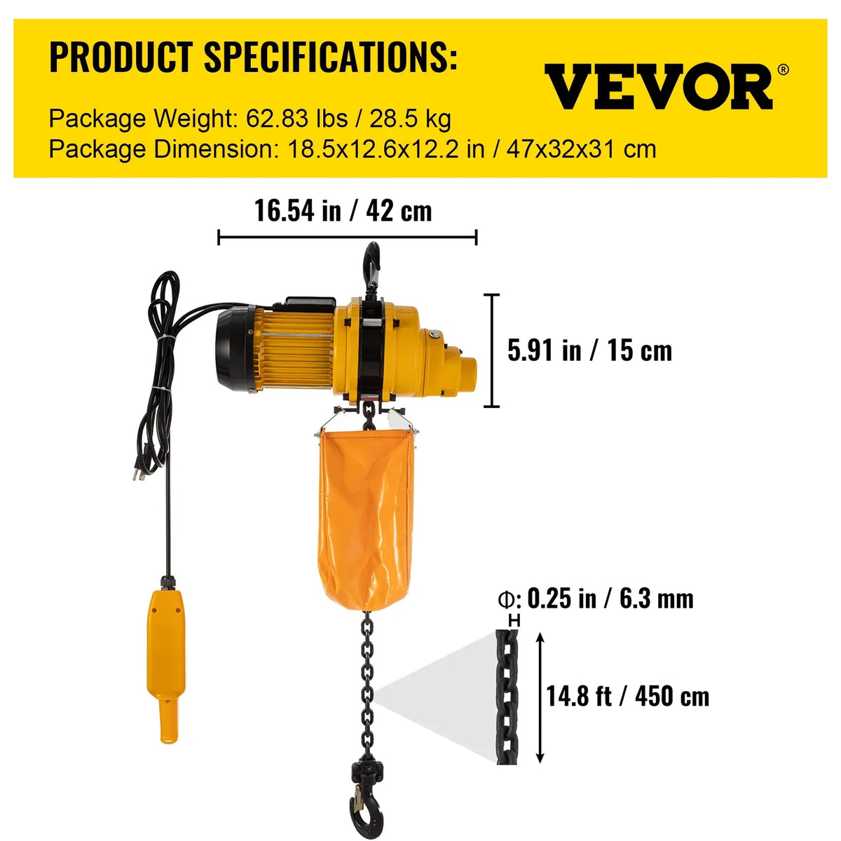 Lift Electric Hoist, 1100 lbs Electric Winch w/ 10ft Wired Remote Control, 110V Overhead Crane Garage Ceiling Pulley Winch of 14.8ft Lift Height, Used In Factories, Warehouses, Construction