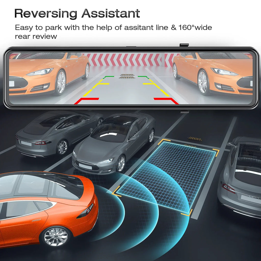 4K Mirror Dash Cam, 12" Touch Screen Sony Sensor Dual Dash Cam, Rear View Mirror Camera, with , Parking Assist, Super Night Vision
