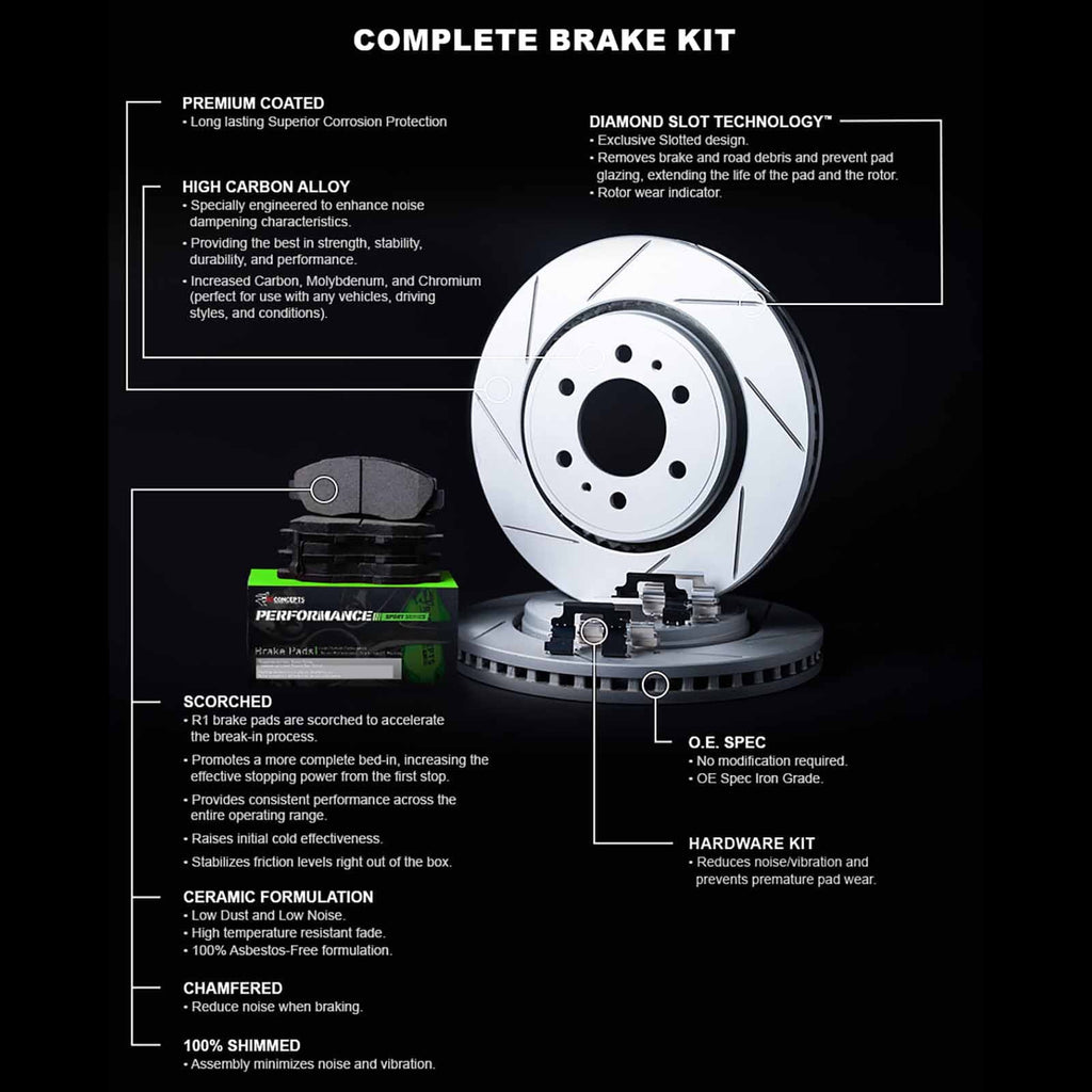 R1 Concepts Front Brakes and Rotors Kit |Front Brake Pads| Brake Rotors and Pads| Performance Sport Brake Pads and Rotors| Hardware Kit|fits 2007-2015  G35, G37, Q60