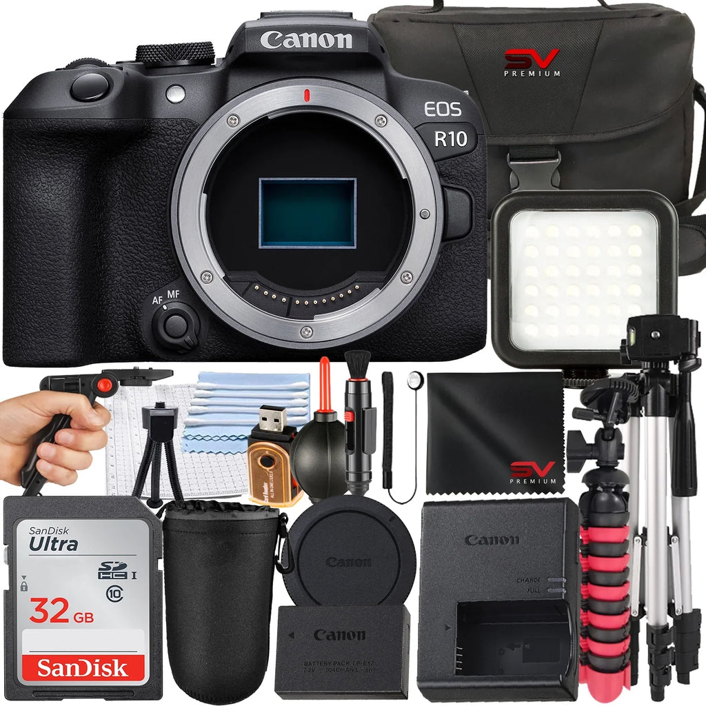Canon  R10 Mirrorless Camera (Body Only) with SanDisk 32GB Memory Card + Case + Tripod +  Premium Accessory Bundle