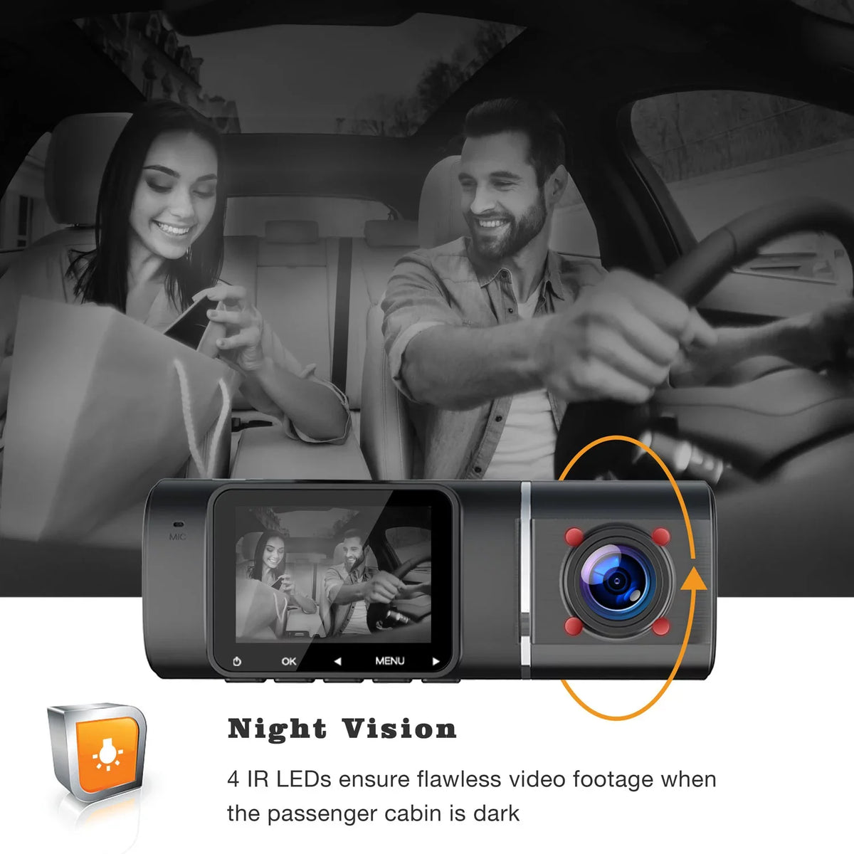 Black Dash Cam  1080P Front and  720P Inside,  Night Vision Car Camera