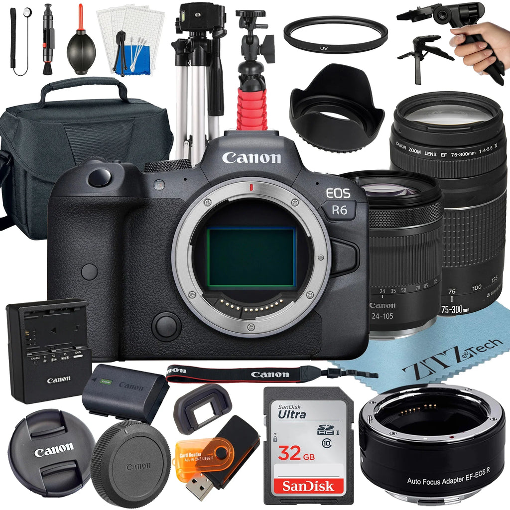 Canon  R6 Mirrorless Camera with  24-105mm  + 75-300mm Lens + Mount Adapter + 32GB SanDisk + ZeeTech Accessory