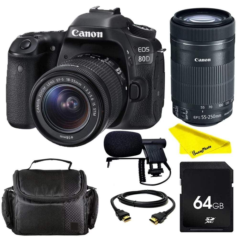 Canon  80D  Camera with 18-55mm   & 55-250   Lenses +  Card + Buzz-Photo Video Creator Bundle