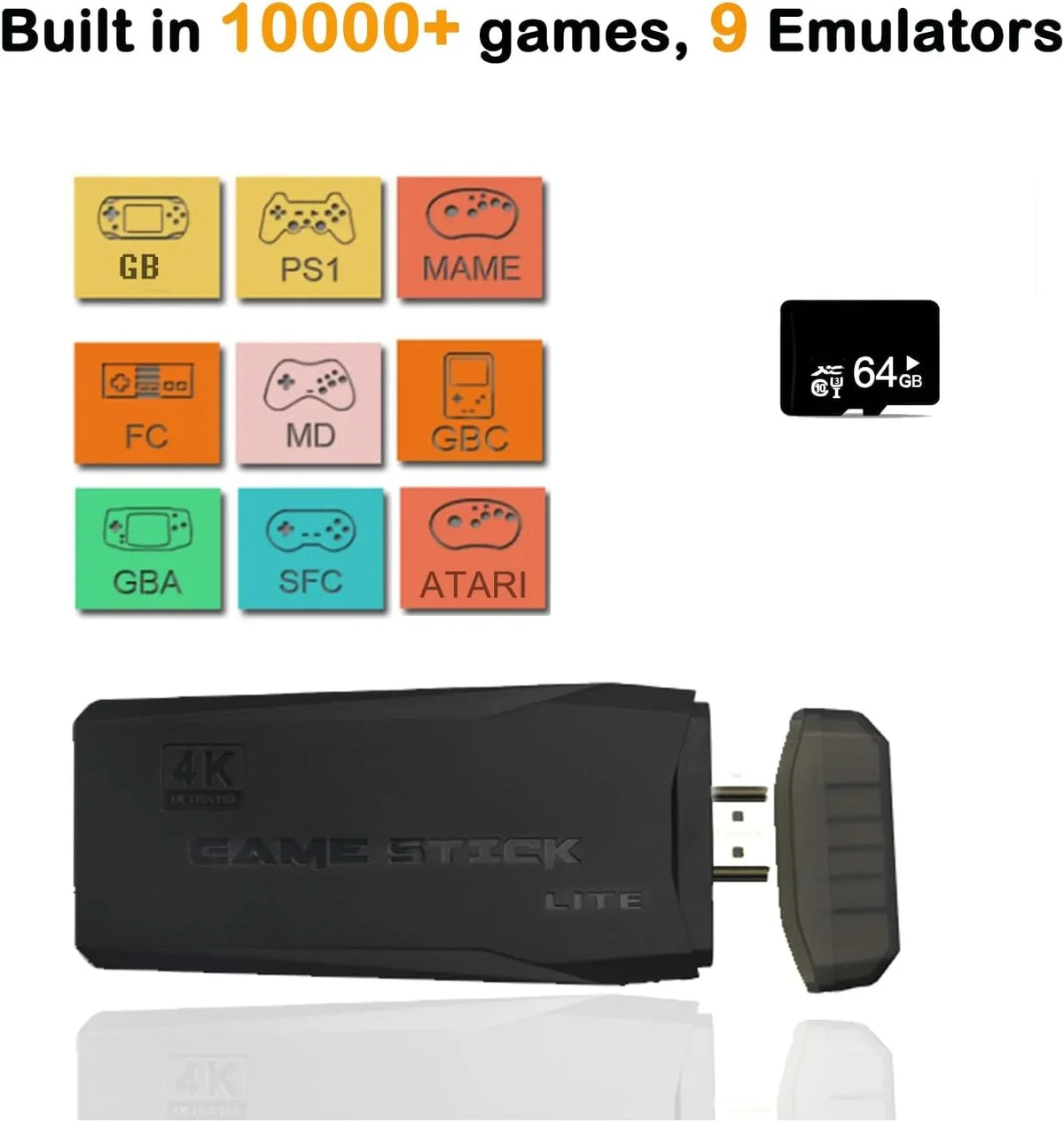 Wireless Retro Game Console, Plug and Play Video Game Stick Built in 10000+ Games,9 Classic Emulators, 4K High Definition  Output for  with Dual 2.4G Wireless Controllers
