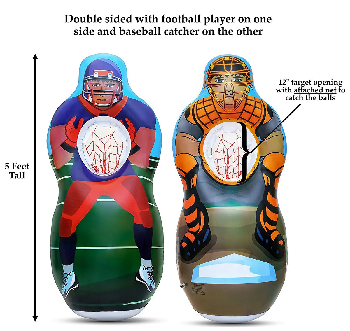 Inflatable Two Sided Football & Baseball Target Set - Includes One Inflatable 5 Foot Tall Target (Football Player on one side and Baseball Catcher on 2nd Side), a Soft Mini Football and Mini Baseball