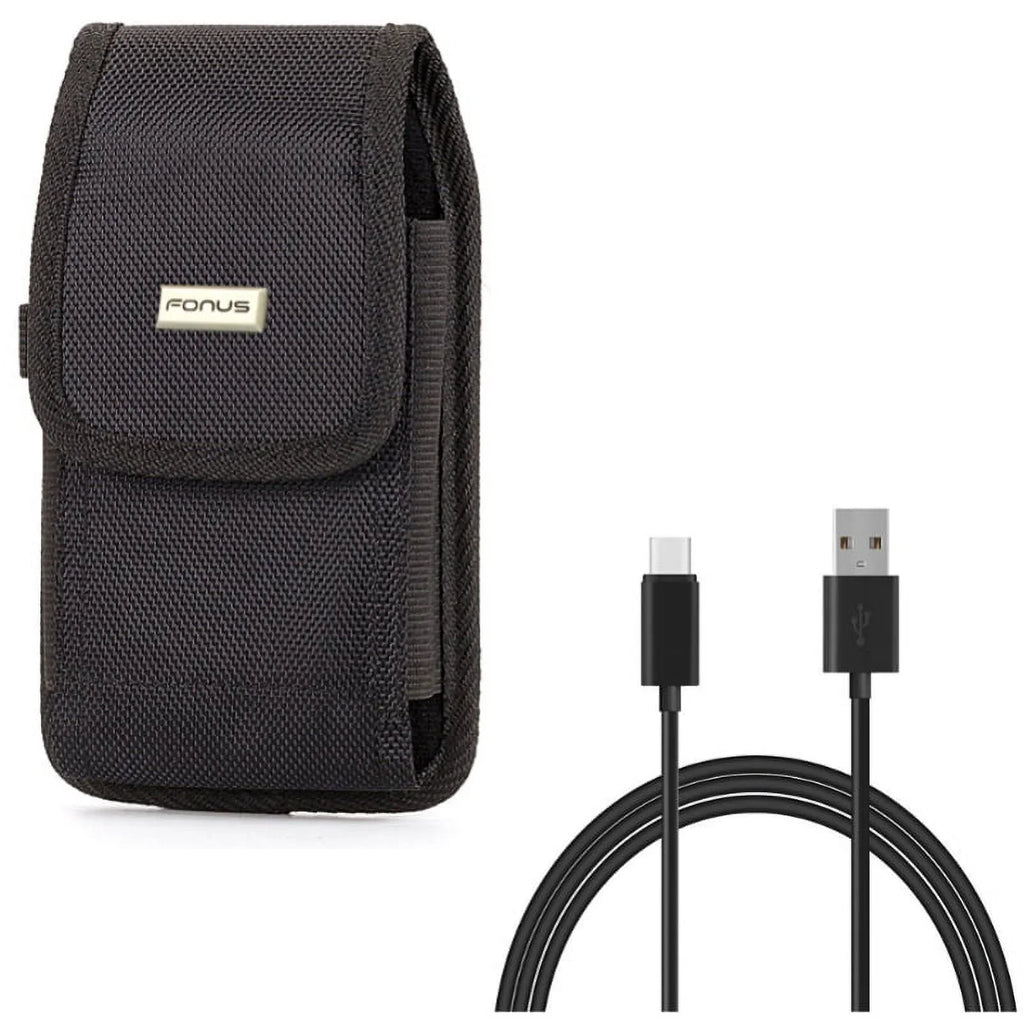 Rugged Canvas Case Holster Metal Belt Clip w Black 6ft Long Type-C Cable Rapid Charge  Wire Sync Y8K for Blackberry Motion -  G9, Vivo  Plus - Coolpad Legacy - Google Pixel  3a