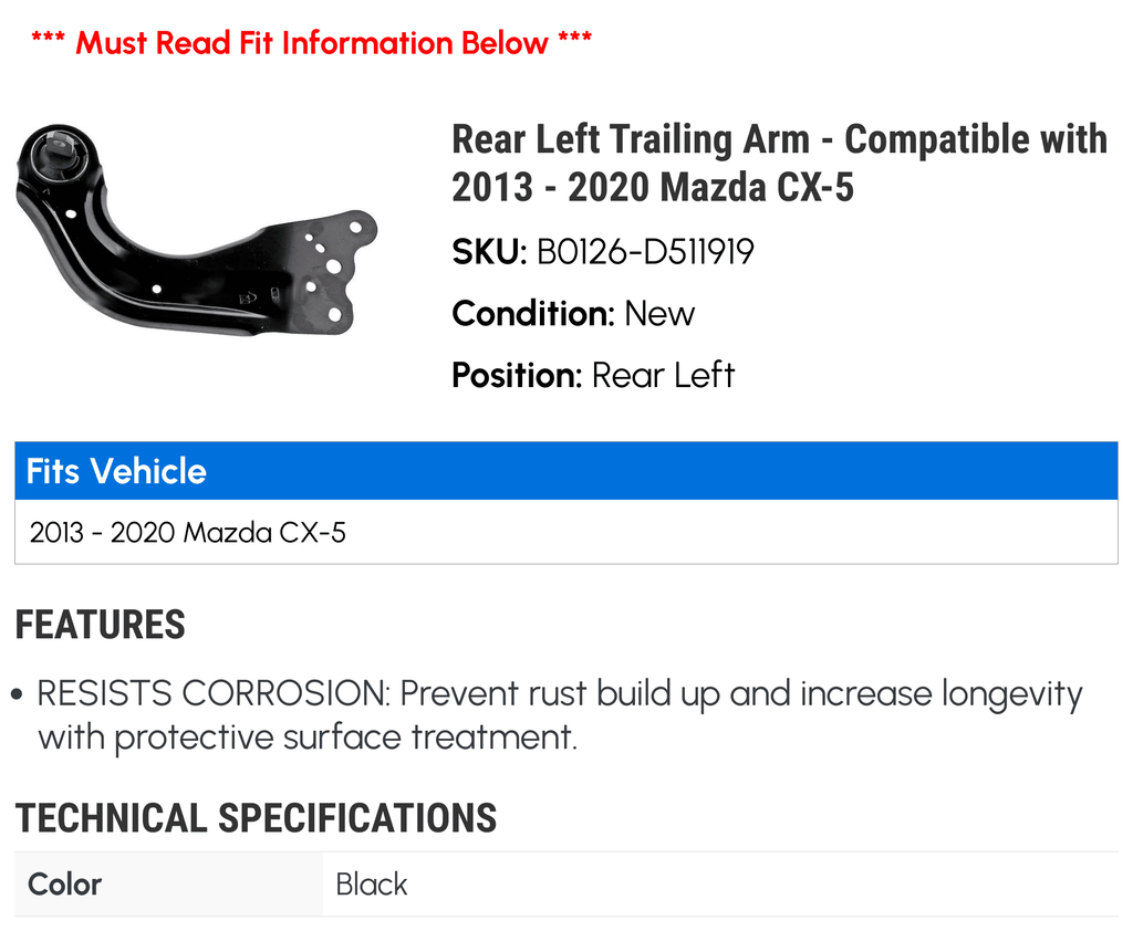 Rear Left Trailing Arm - Compatible with 2013 - 2020 Mazda -5 2014 2015 2016 2017 2018 2019
