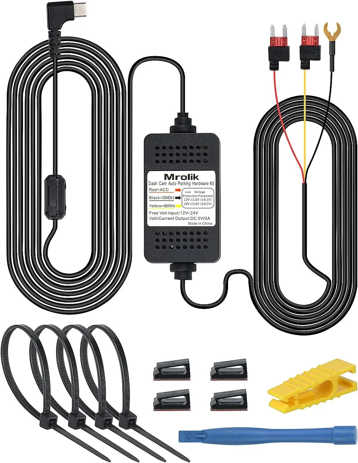 Dash Cam Hardwire kit, Type-C Port Hard Wire Kit Fuse for Dash Cam, 12V-24V to 5V Car Camera Charger Power Cord, Hard
