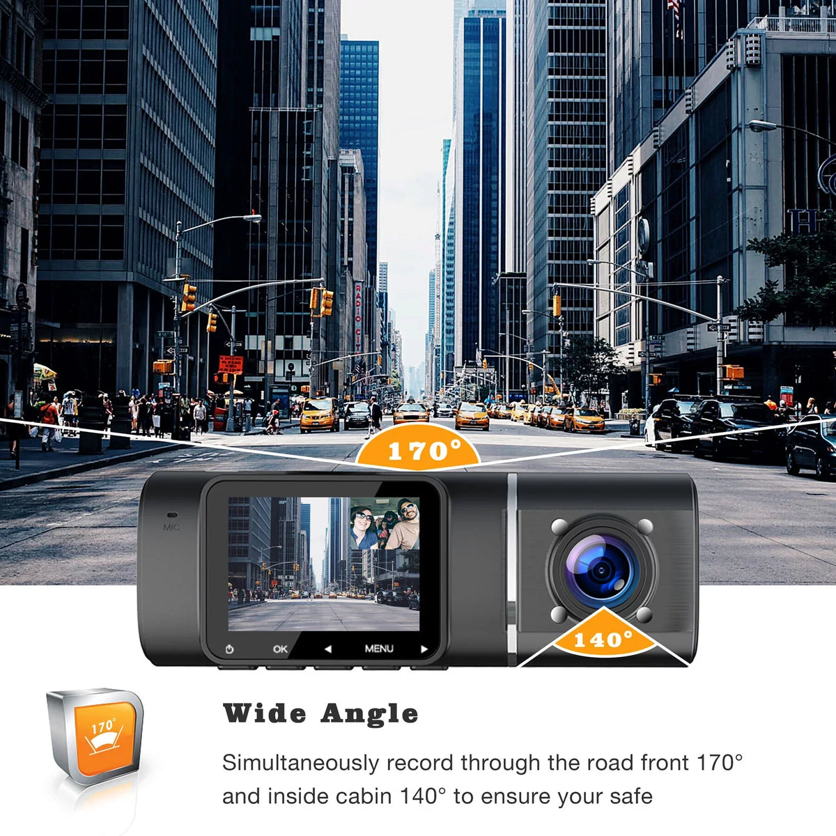 Black Dash Cam  1080P Front and  720P Inside,  Night Vision Car Camera