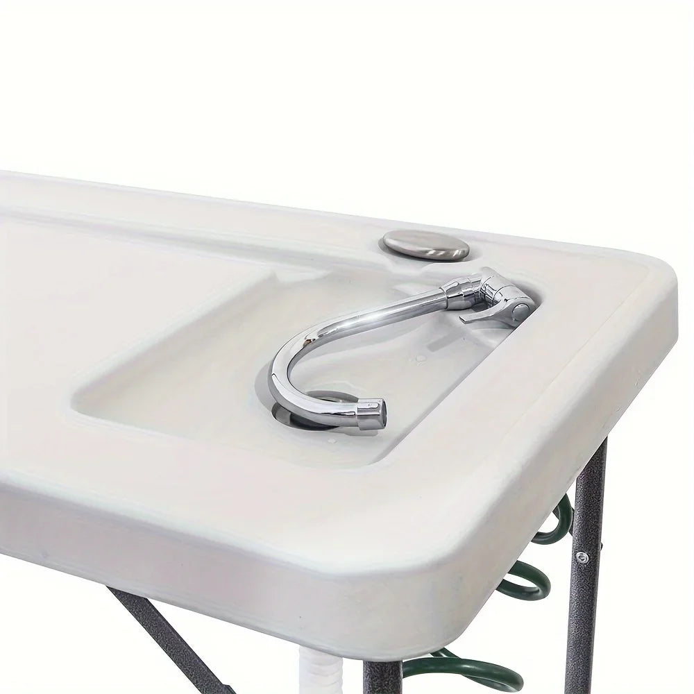 Portable Fish Cleaning Table,Outdoor Folding Multifunctional Fish Table Picnic Table with Spray Gun & Faucet for Camping Picnic Kitchen Garden,White