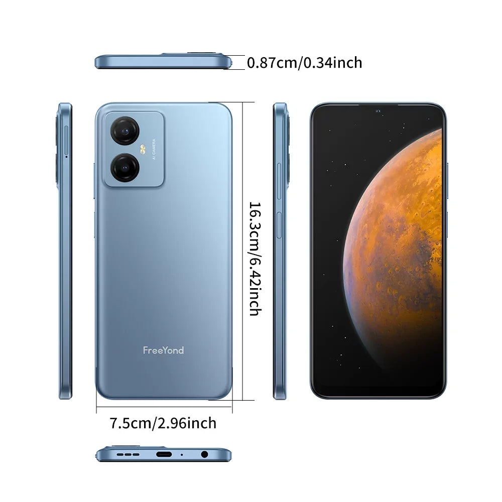 FreeYond F9 Smartphone, +6.52" Display Dual Sim, Battery 5000 MAh, 64GB/128GB Rom, Real Dual Camera 13+8MP With 2MP Macro