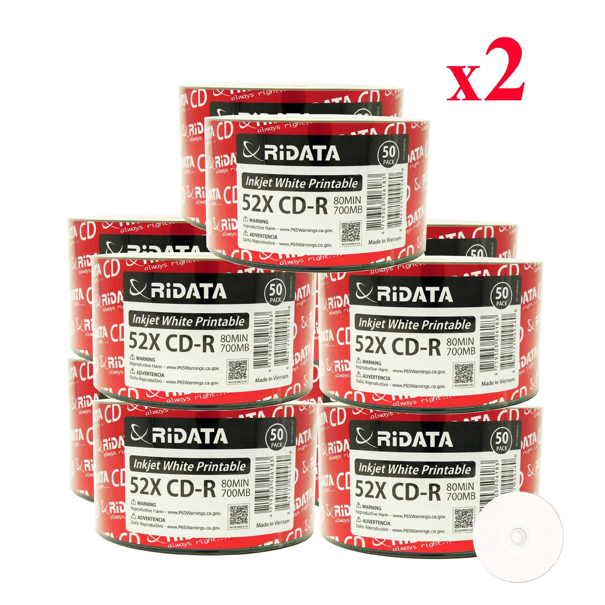 1000 Pack Ridata -R 52X 700MB 80Min White Inkjet Hub Printable Blank Media Recordable Disc