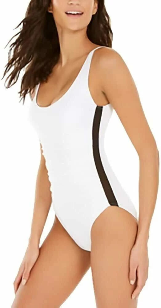 White Mesh Trim Ruched One Piece Swimsuit, White, Size 14