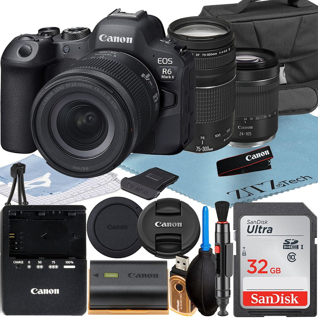 Canon  R6 Mark  Mirrorless Camera with  24-105mm +  75-300mm Lens + SanDisk 32GB Memory Card + Case +  Flash + ZeeTech Accessory Bundle