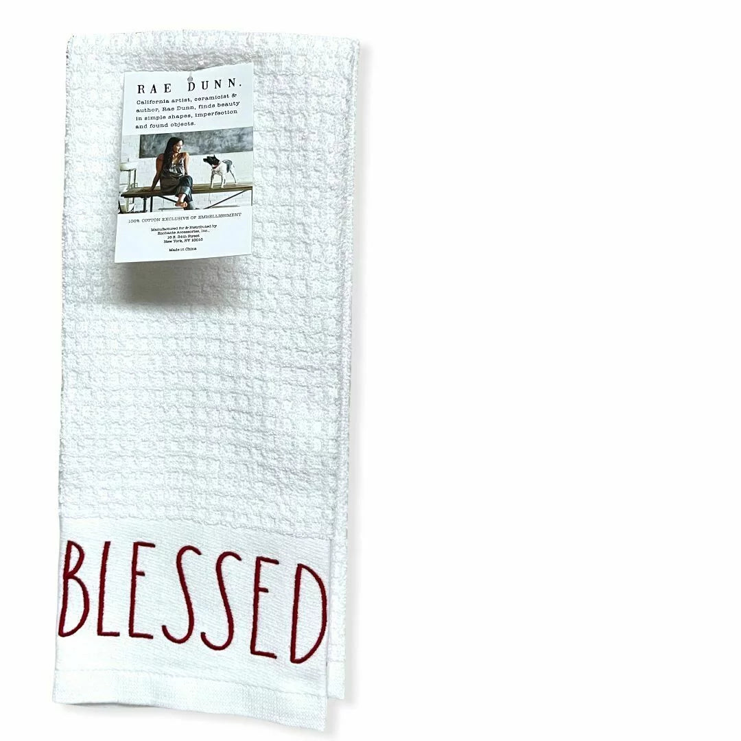 Rae Dunn  White Kitchen Towels Red  lettering Set of 2  Christmas Holiday