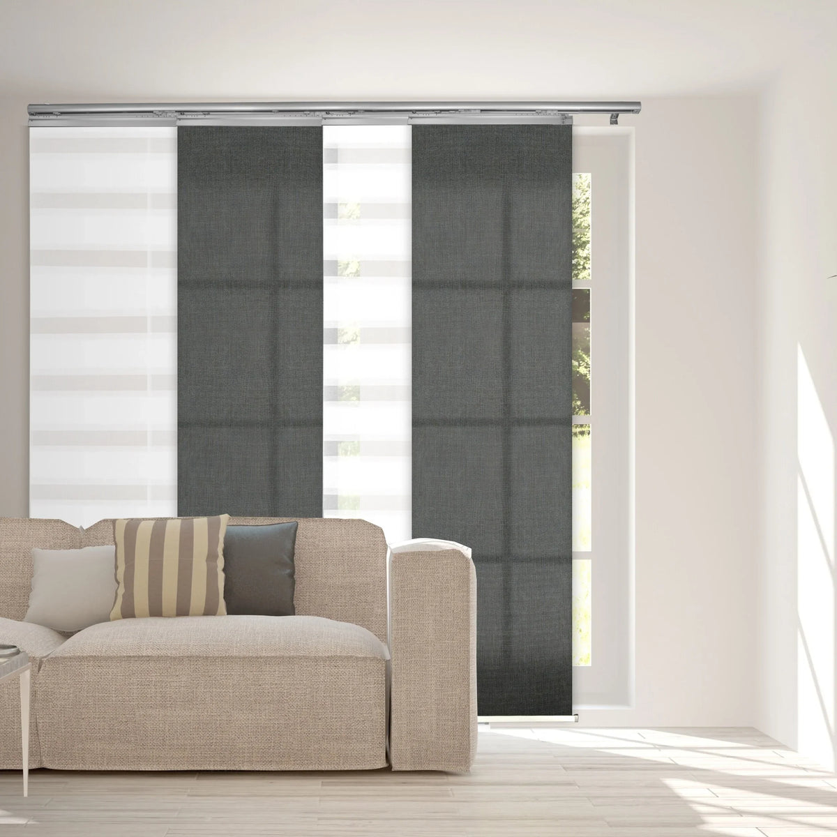InStyleDesign  4-Panel Single Rail Panel Track Extendable 48"-88"W x 94"H, Panel width 23.5", Pier White, Charc - 88"W x 94"H White Track