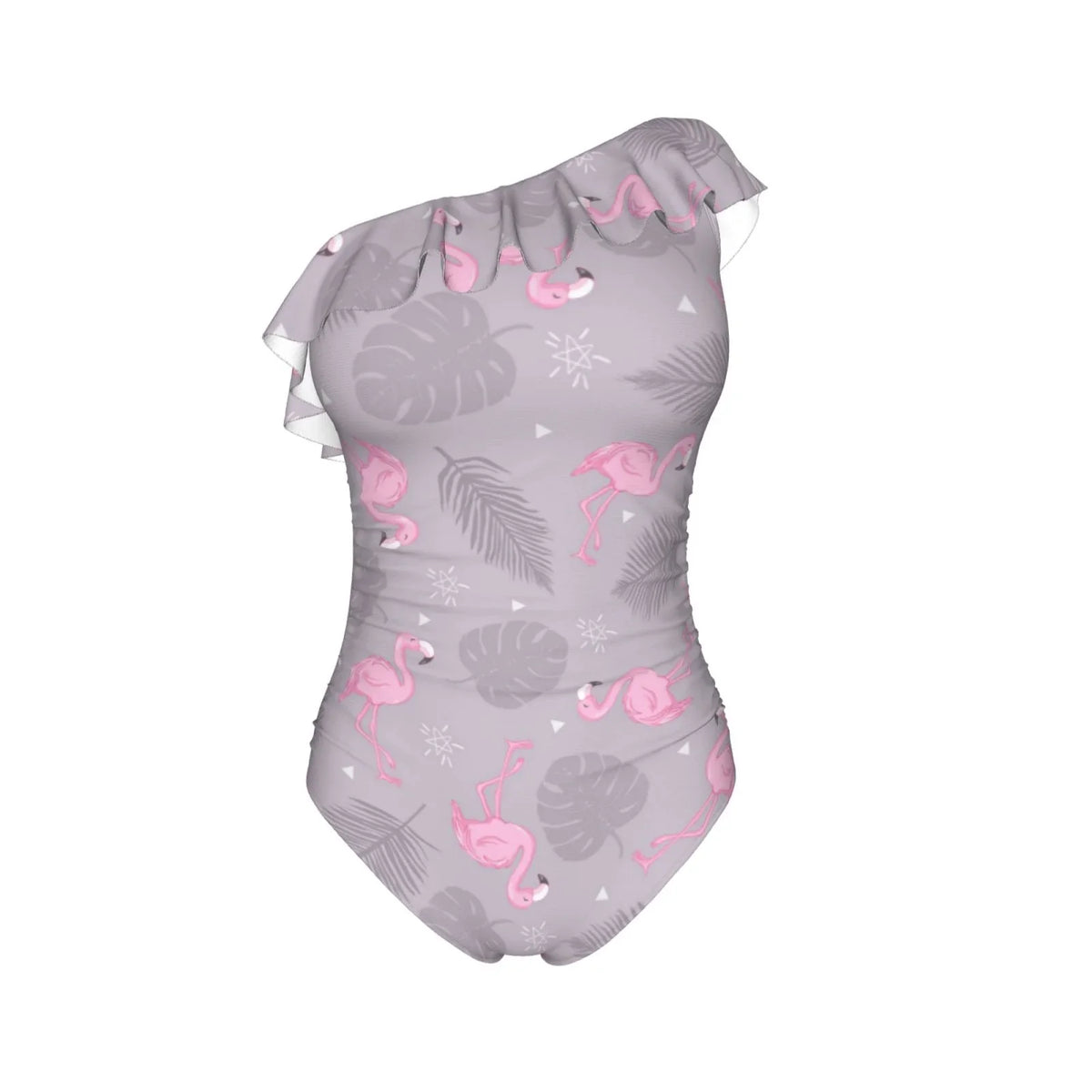 Coaee Pink Flamingo Women's One Piece Swimsuits One Shoulder Swimwear Asymmetric Ruffle Monokinis Bathing Suits - Small