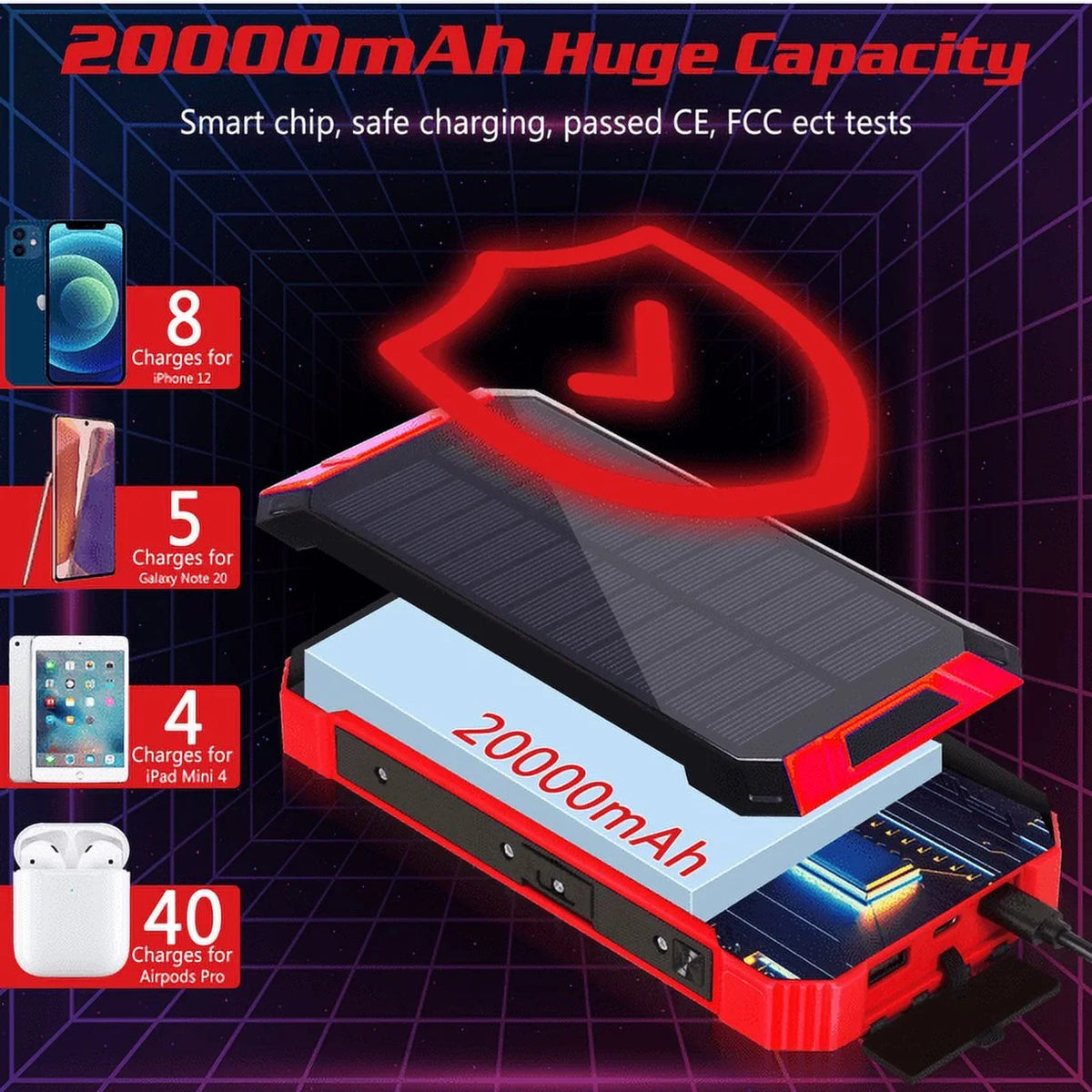 Solar Power Bank 20000mAh Built-in 4 Cables Qi Wireless Charger For Ulefone Armor 9 with  Flashlight Solar Portable External Battery IPX4 Waterproof 15W 5V/3A  C Port 6 Outputs 3 Inputs