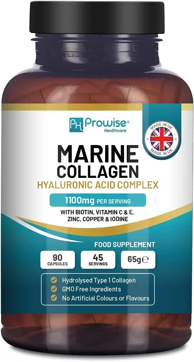 Marine Collagen with Hyaluronic Acid 1100mg - 90 Capsules Boosted with Hyaluronic Acid, Vitamins C, E, B2, Biotin, Copper, Zinc and Iodine | for Women and Men | Made in The  by Prowise Healthcare