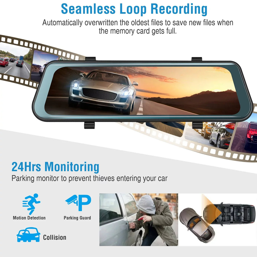 iNova  1080P Car  Dash Camera 9.66In Vehicle Driving Recorder with G Sensor Parking Monitoring Seamless Recording