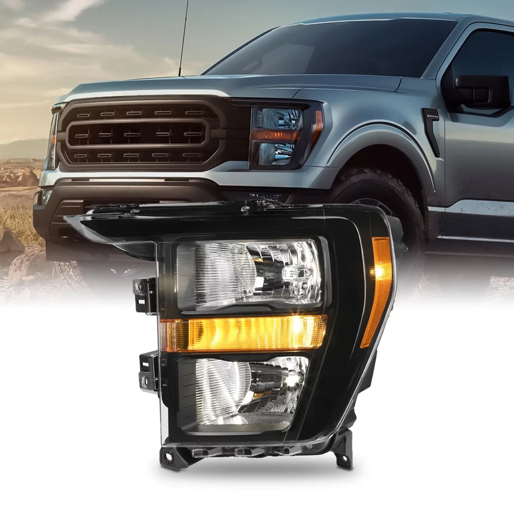 '- Fit 2021 2022 2023 Ford F150 Pickup Truck [Halogen Type] Headlight Headlamp  Style Black Housing Driver Left Side