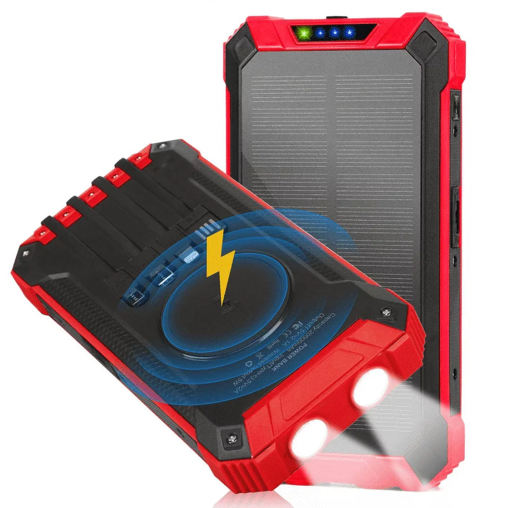 Solar Power Bank 20000mAh Built-in 4 Cables Qi Wireless Charger For Ulefone Armor 9 with  Flashlight Solar Portable External Battery IPX4 Waterproof 15W 5V/3A  C Port 6 Outputs 3 Inputs