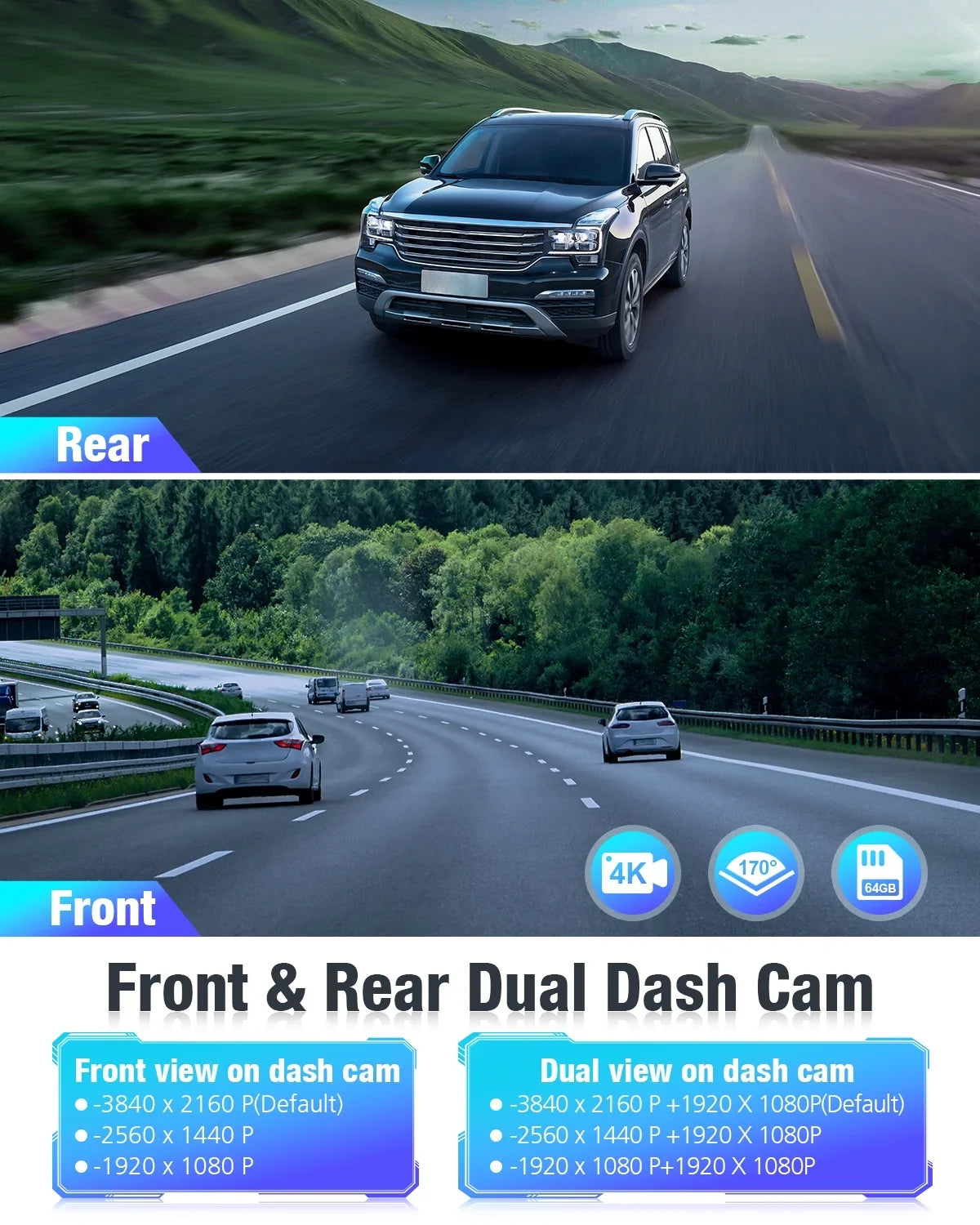 Dual Dash Cam Front and Rear,  4K 1080P 5G WiFi &  Full  Car Dashcam with 64G  Card,  Night Vision, 24h Parking Mode, 170°Wide, G-Sensor, Loop Recording,