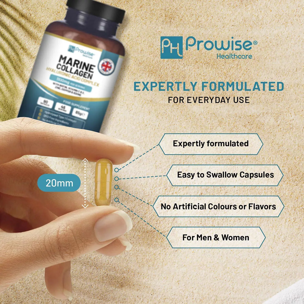 Marine Collagen with Hyaluronic Acid 1100mg - 90 Capsules Boosted with Hyaluronic Acid, Vitamins C, E, B2, Biotin, Copper, Zinc and Iodine | for Women and Men | Made in The  by Prowise Healthcare