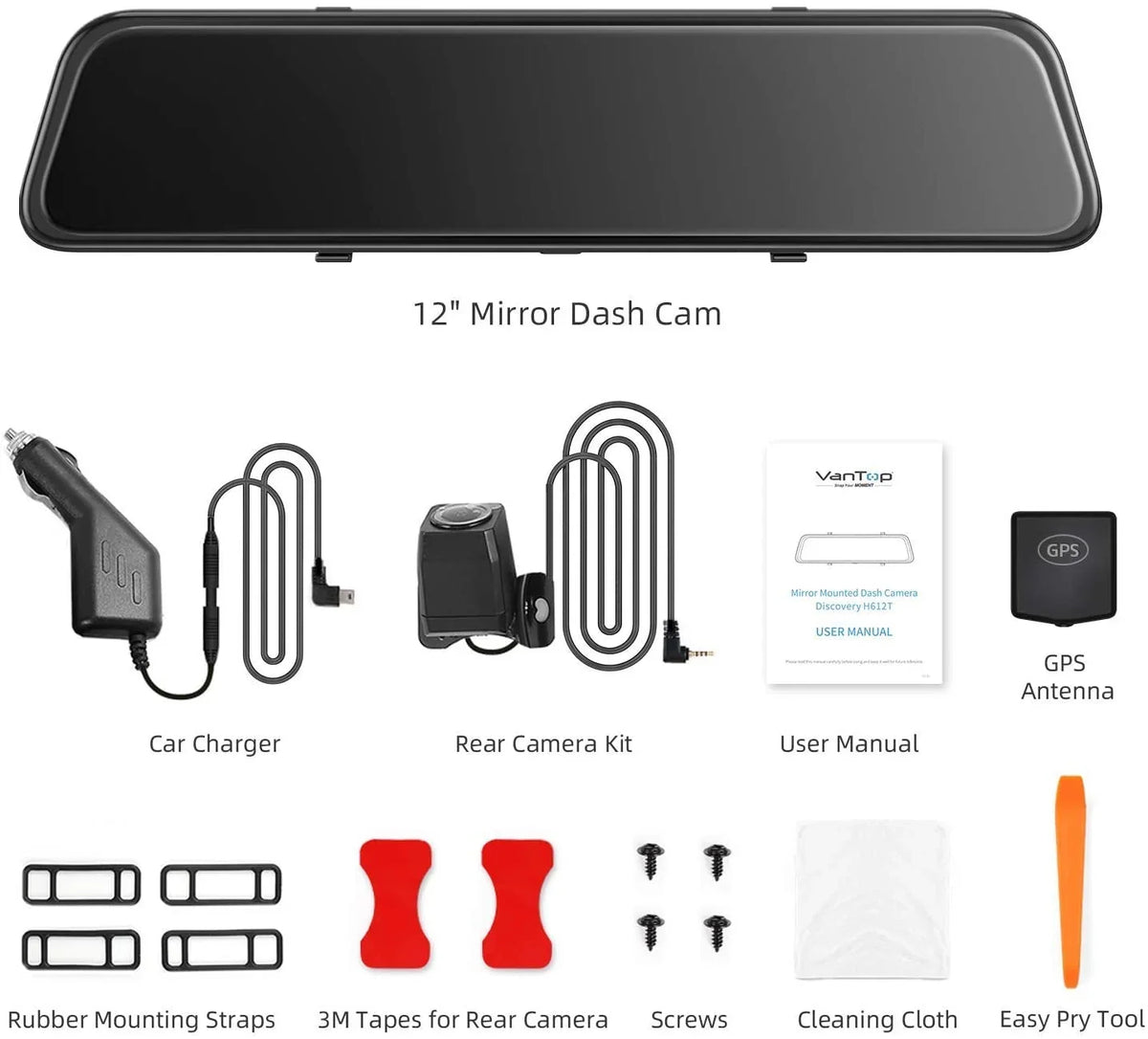 4K 12" Mirror Dash Cam - Vantop H612T Front & Rear View Dual Dash Camera,  Touch Screen, Voice Control Cars Mirror Camera W/Night Vision Parking Monitor