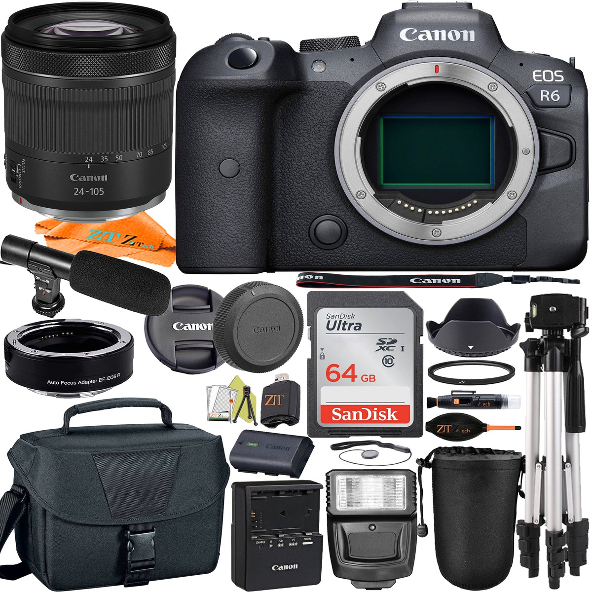 Canon  R6 Mirrorless Digital Camera with  24-105mm  Lens + Mount Adapter + SanDisk 64GB + ZeeTech Accessory Bundle