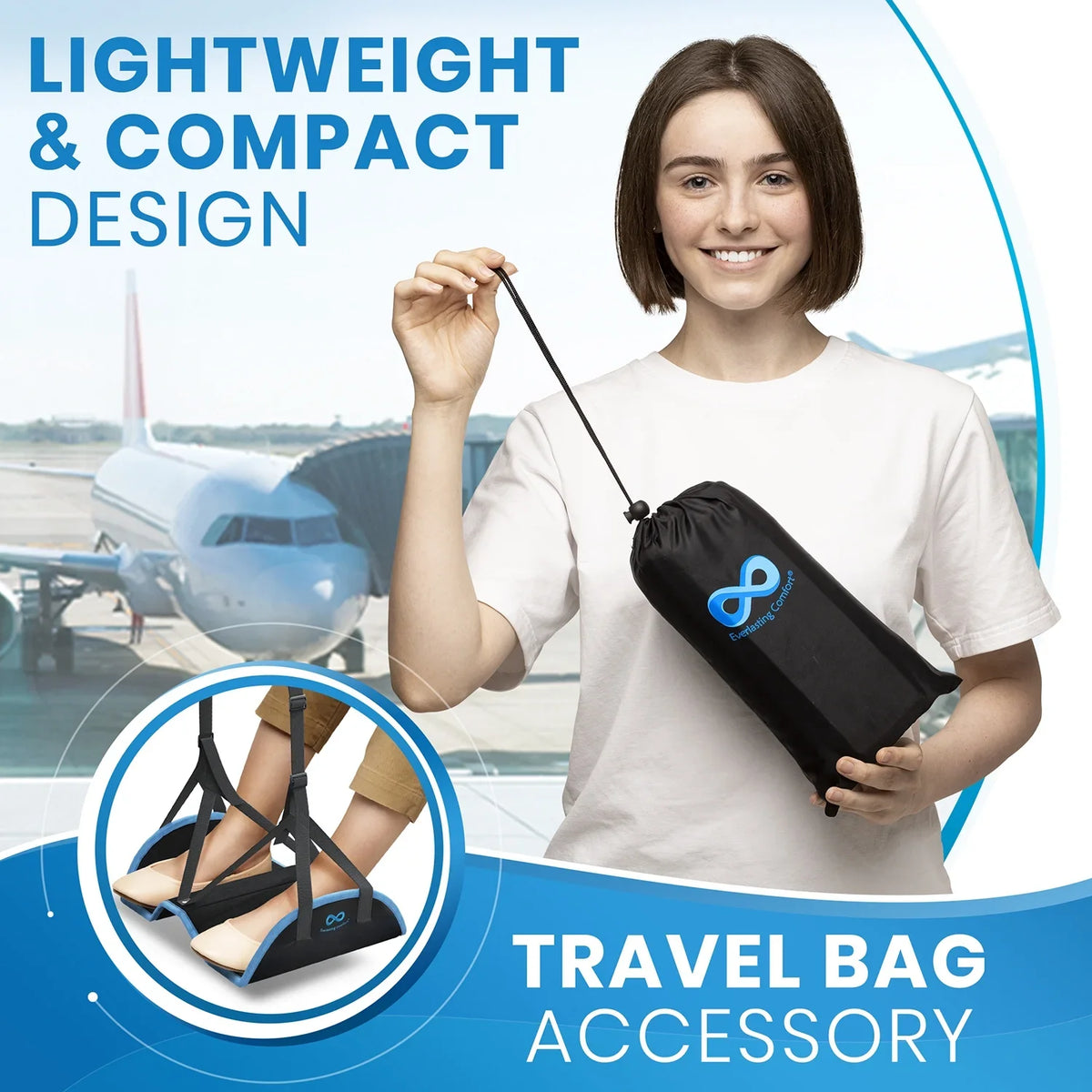 Everlasting Comfort Airplane Footrest - Ergonomic Adjustable Foot and Heel Hammock - Long Airplane Flight Accessories for Feet - Memory Foam Portable Air Plane Flying Travel Foot Rest - (Black)