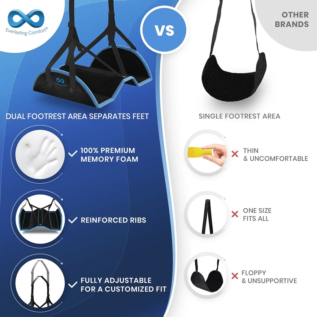 Everlasting Comfort Airplane Footrest - Ergonomic Adjustable Foot and Heel Hammock - Long Airplane Flight Accessories for Feet - Memory Foam Portable Air Plane Flying Travel Foot Rest - (Black)