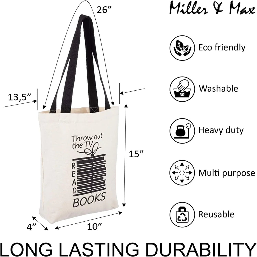 Miller & Max Canvas Tote Bag For Women Men, Reusable Multi-functional 100% Cotton Books Fun Cute Print Durable Design With Inner Pocket, Black Handles 12 oz Canvas Bags - For School, Office, Picnic An