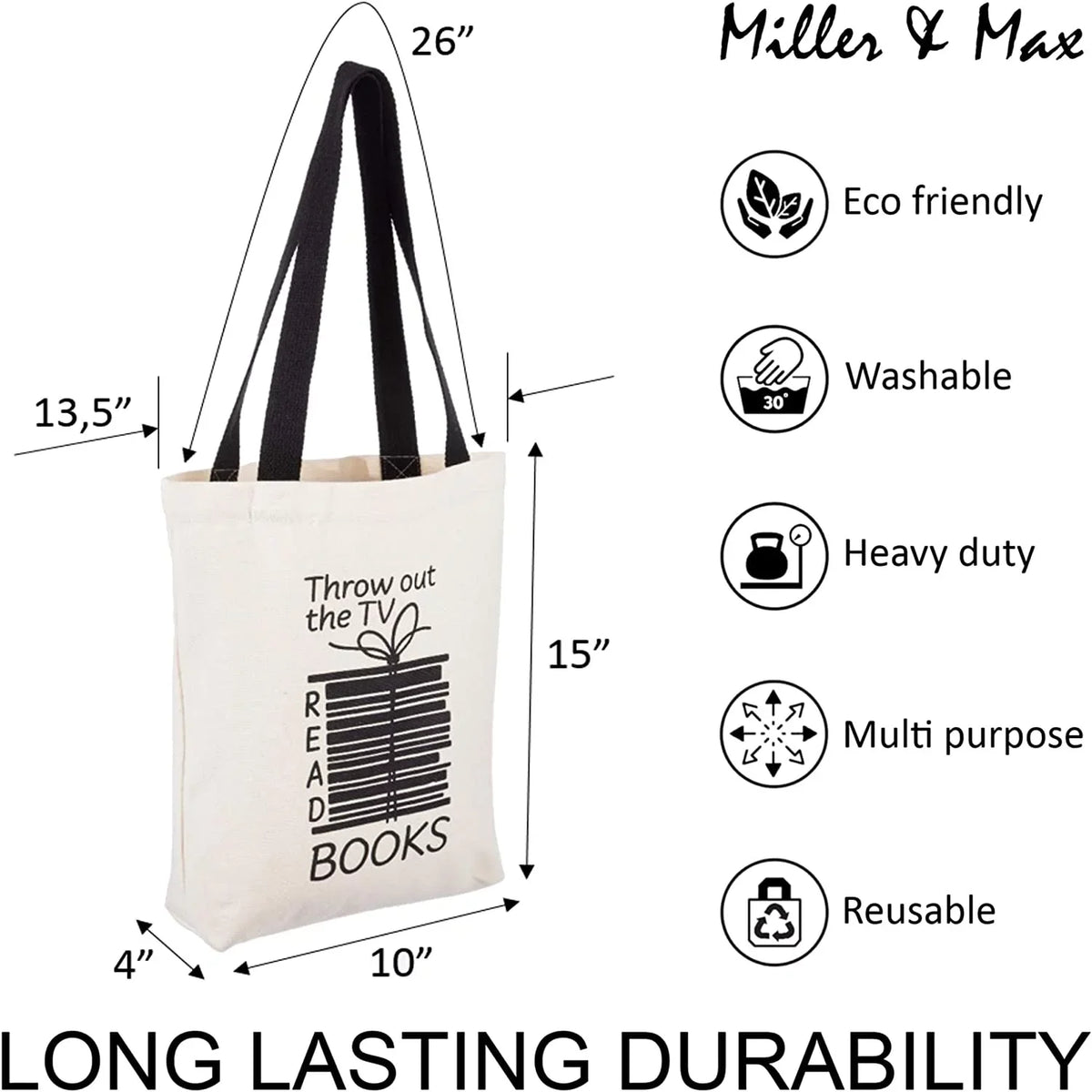 Miller & Max Canvas Tote Bag For Women Men, Reusable Multi-functional 100% Cotton Books Fun Cute Print Durable Design With Inner Pocket, Black Handles 12 oz Canvas Bags - For School, Office, Picnic An