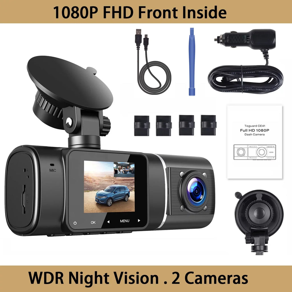 Black Dash Cam  1080P Front and  720P Inside,  Night Vision Car Camera
