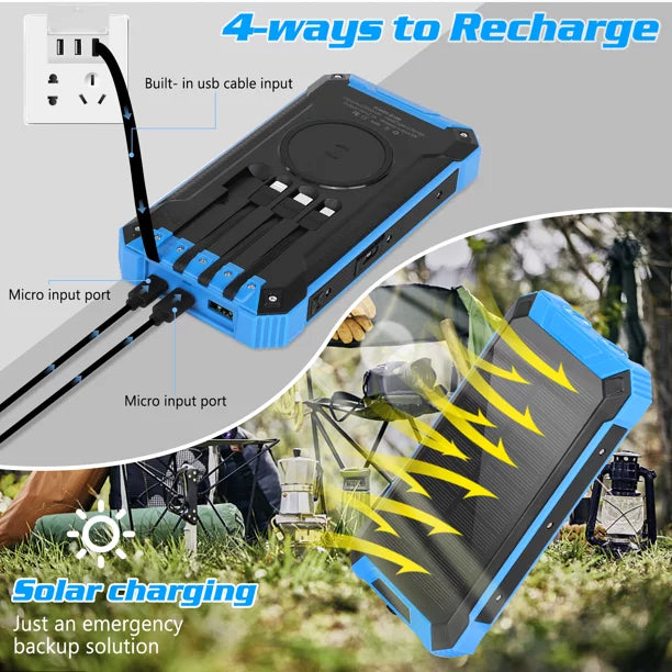 Solar Power Bank 20000mAh Built-in 4 Cables Qi Wireless Charger For Ulefone Armor Mini 2 with  Flashlight Solar Portable External Battery IPX4 Waterproof 15W 5V/3A  C Port 6 Outputs 3 Inputs