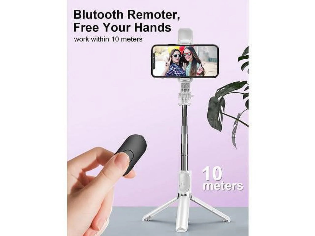Selfie Stick Tripod with Remote, Extendable Cell Phone Tripods with  Ring Light, Remote Compatible with iPhone and Android (White, Model Q02s)