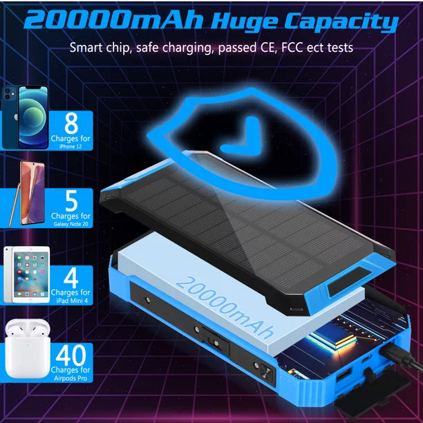 Solar Power Bank 20000mAh Built-in 4 Cables Qi Wireless Charger For Ulefone Armor Mini 2 with  Flashlight Solar Portable External Battery IPX4 Waterproof 15W 5V/3A  C Port 6 Outputs 3 Inputs